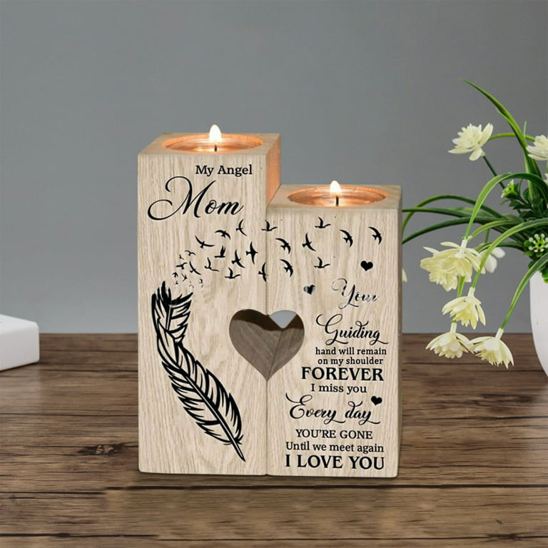 My Angel Mom Wooden Heart Candle Holder Memorial Candlesticks