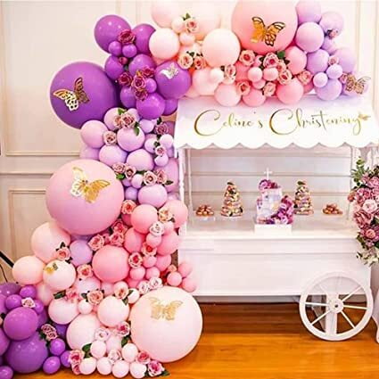 MMTX Purple Macaron Pink Balloon Arch Garland Kit, Purple Rose Red Party Balloons with Gold Butterfly Decoration for Birthday Wedding Party Bridal Baby Shower