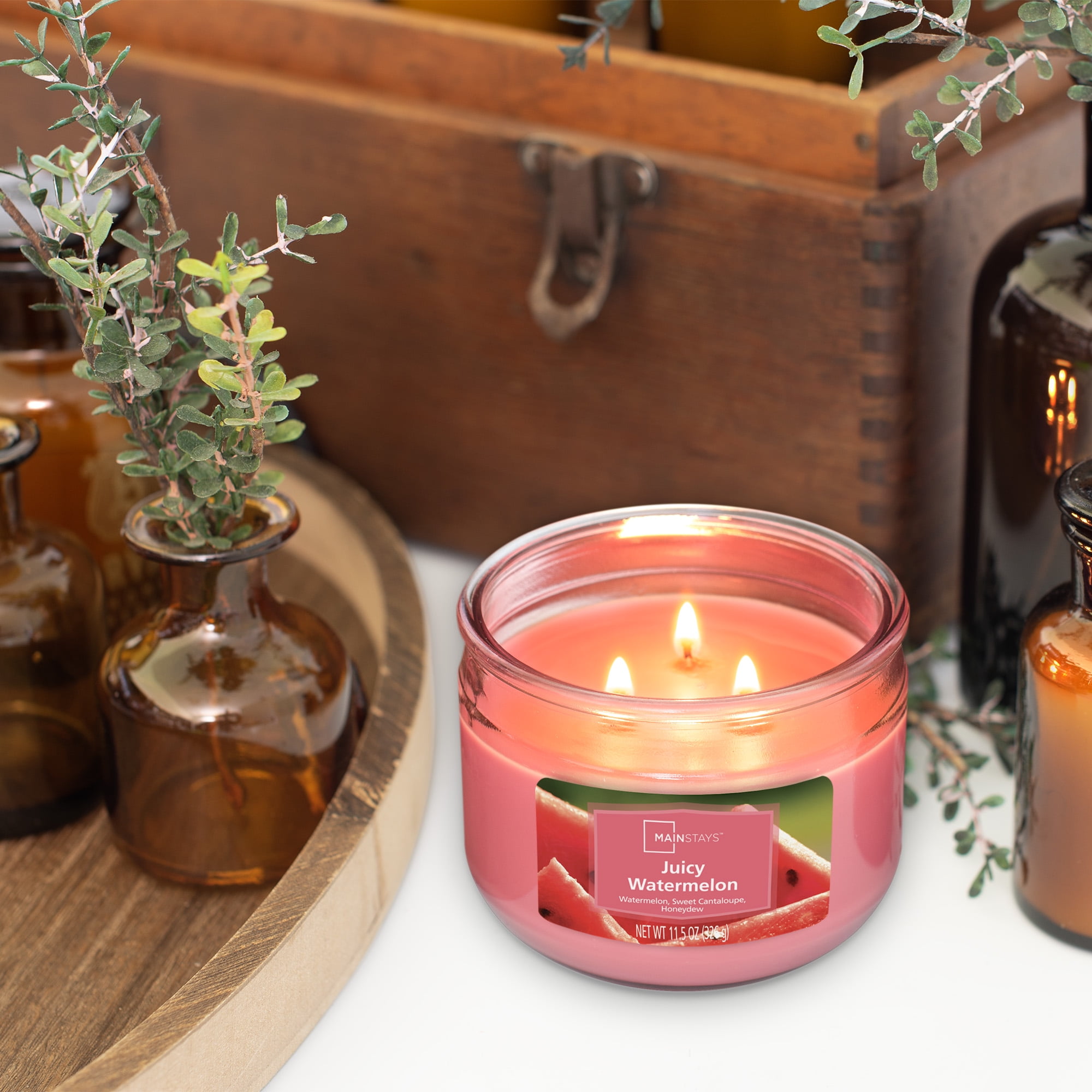 (3 pack) Mainstays Juicy Watermelon Scented 3-Wick Glass Jar Candle, 11.5 oz