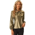 thumbnail image 1 of Blusa de Color Metálica Brillante para Mujer con Cuello Anudado Camisa de Manga Larga para Fiestas Oro XS, 1 of 5