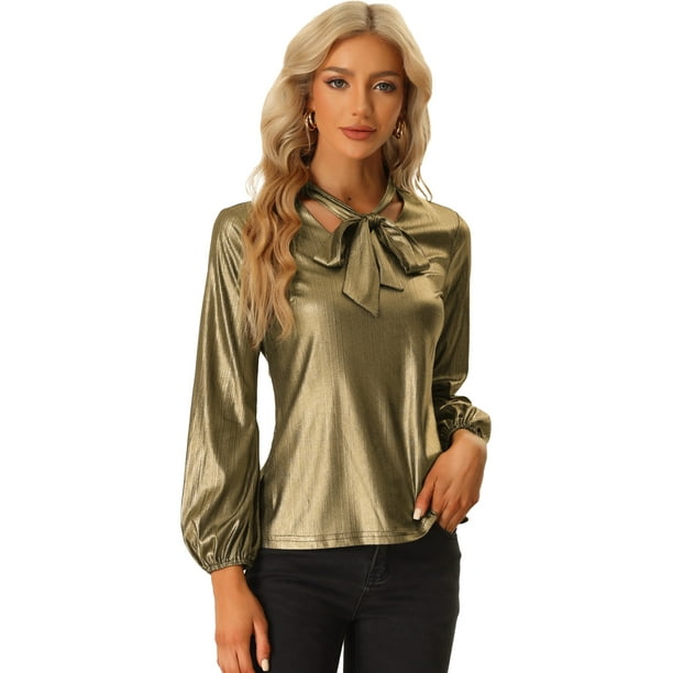 Blusa de Color Metalica Brillante para Mujer con Cuello Anudado Camisa de Manga Larga para Fiestas Oro XL Allegra K Blusa