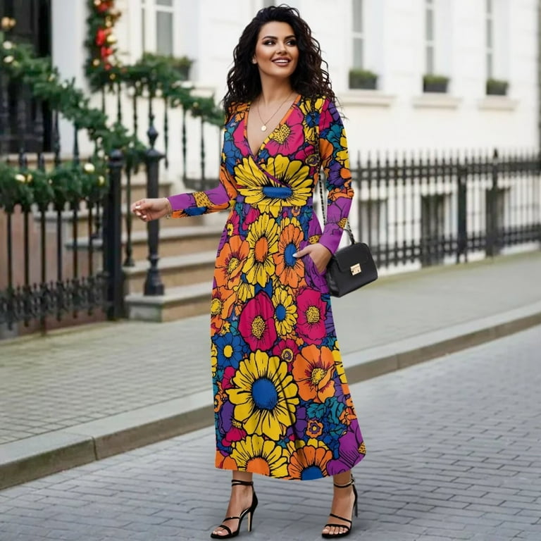 Fkelyi Fall Maxi Dress for Women Long Sleeve V Neck Wedding Guest Dresses Colorful Hippie Flower Print Flowy A-Line Elegant Dress with Pockets, 2XL, Fkelyi Fall Maxi Dress for Women Long Sleeve V Neck Wedding Guest Dresses Colorful Hippie Flower Print Flowy A-Line Elegant Dress with Pockets, 2XL,