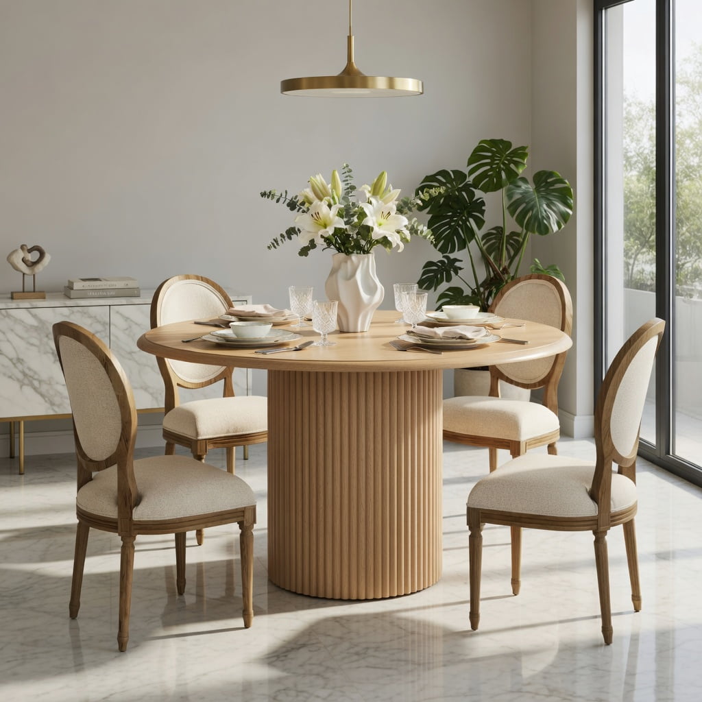 Hommoo 47.24 Inch Round Farmhouse Dining Table with Powder-Coated Metal Base, Modern Rustic Kitchen Table for 4–6 People, Gray