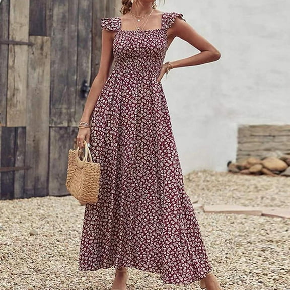 Summer Saving Clearance AXXD women dresses,Dresses Square Neck Summer Printing Casual Sleeveless Vacation Beach Long Dress black velvet dress sexy black dress