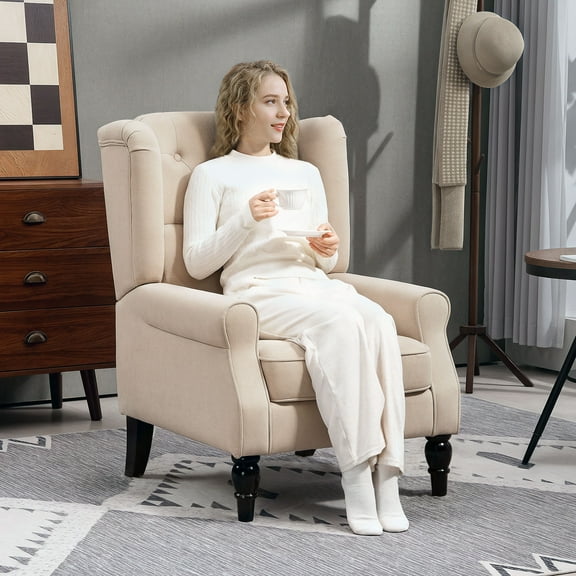 HOMCOM Button-Tufted Accent Chair with High Wingback, Rounded Cushioned Armrests and Thick Padded Seat, Beige