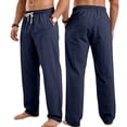 thumbnail image 2 of Mens Pants, Straight Leg Men's Linen Pants Elastic Waist Drawstring Trousers Casual Beach Bussiness Dress Loose Fit Pant with Pockets Navy M, 2 of 8