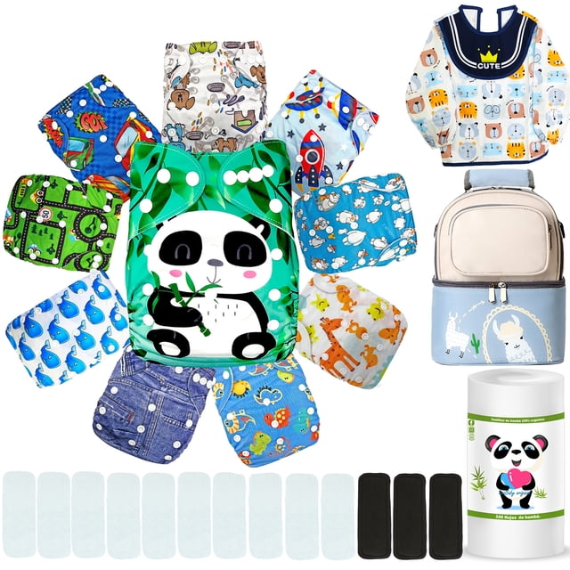 Pañales De Tela Reutilizables Para Bebés Con Insertos Nocturnos mas Babero Rollo De Bambu Y Lonchera