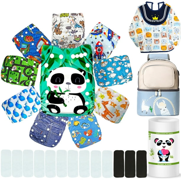 Pañales De Tela Reutilizables Para Bebés Con Insertos Nocturnos mas Babero Rollo De Bambu Y Lonchera