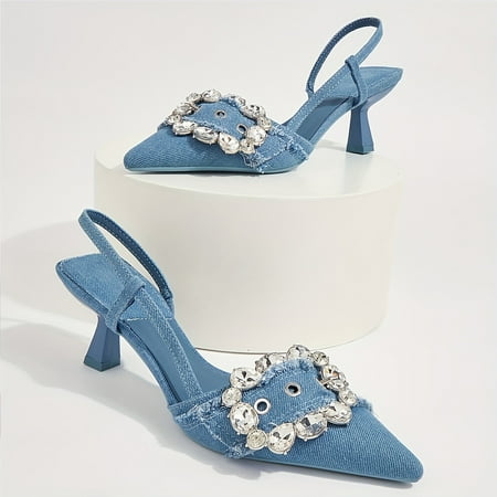 

GUANGZHYZYFUS Stylish Women‘s Rhinestone Buckle Decor Mid Heeled Denim Heels Elegant Fashion Pointed Toe Slip On Sandals Versatile All-Match Going Out Shoes for Women