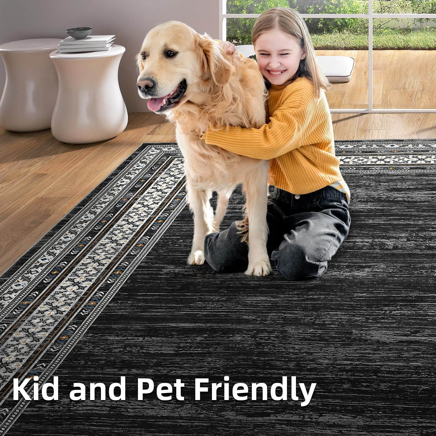 Washable 10x13 Area Rugs for Living Room, Soft Large Modern Bedroom Rugs, Ultra Thin Non Slip Accent Carpet for Dining Room, Low Pile Non Shedding Floor Cover Mat for Nursery Office, Black