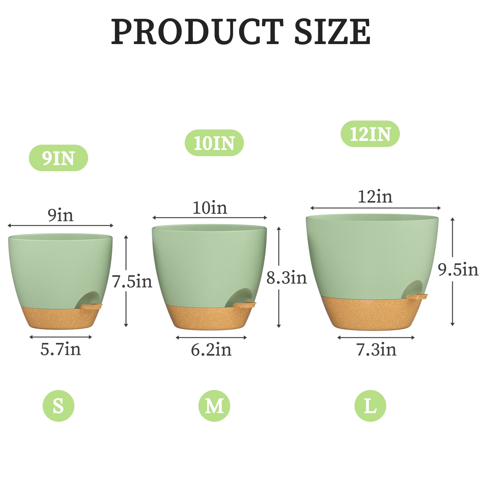 FIASON 3 Pack 9/10/12 Inch Green & Brown Self-Watering Plant Pots, Indoor Outdoor Garden Planters with Drainage Holes, Watering Lip & Removable Saucer for Flowers & House Plants