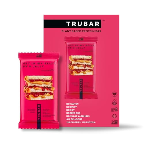 Barra de proteína vegana TRUBAR, Get In My Belly Pb & Jelly, sin gluten, a base de plantas, alta en fibra, sin lácteos, baja en grasa, sin OGM, sin alcoholes de azúcar, 12 g de proteína magra, 13 g de
