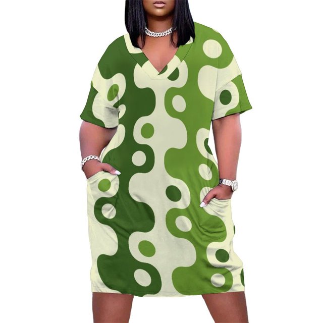 Retro mediados de siglo moderno abstracto patrón de edad espacial 760 aguae verde vestido suelto con bolsillo ropa femenina