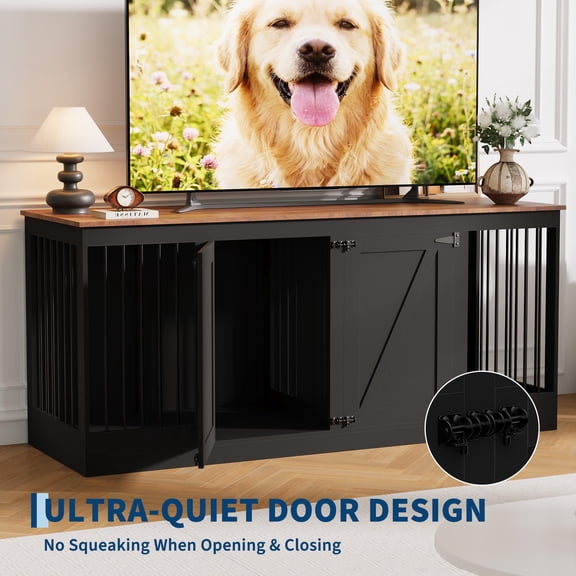 Farmhouse 71 Inch Double Dog Crate Furniture with Removable Divider for 2 Dogs, TV Stand with Storage Drawers