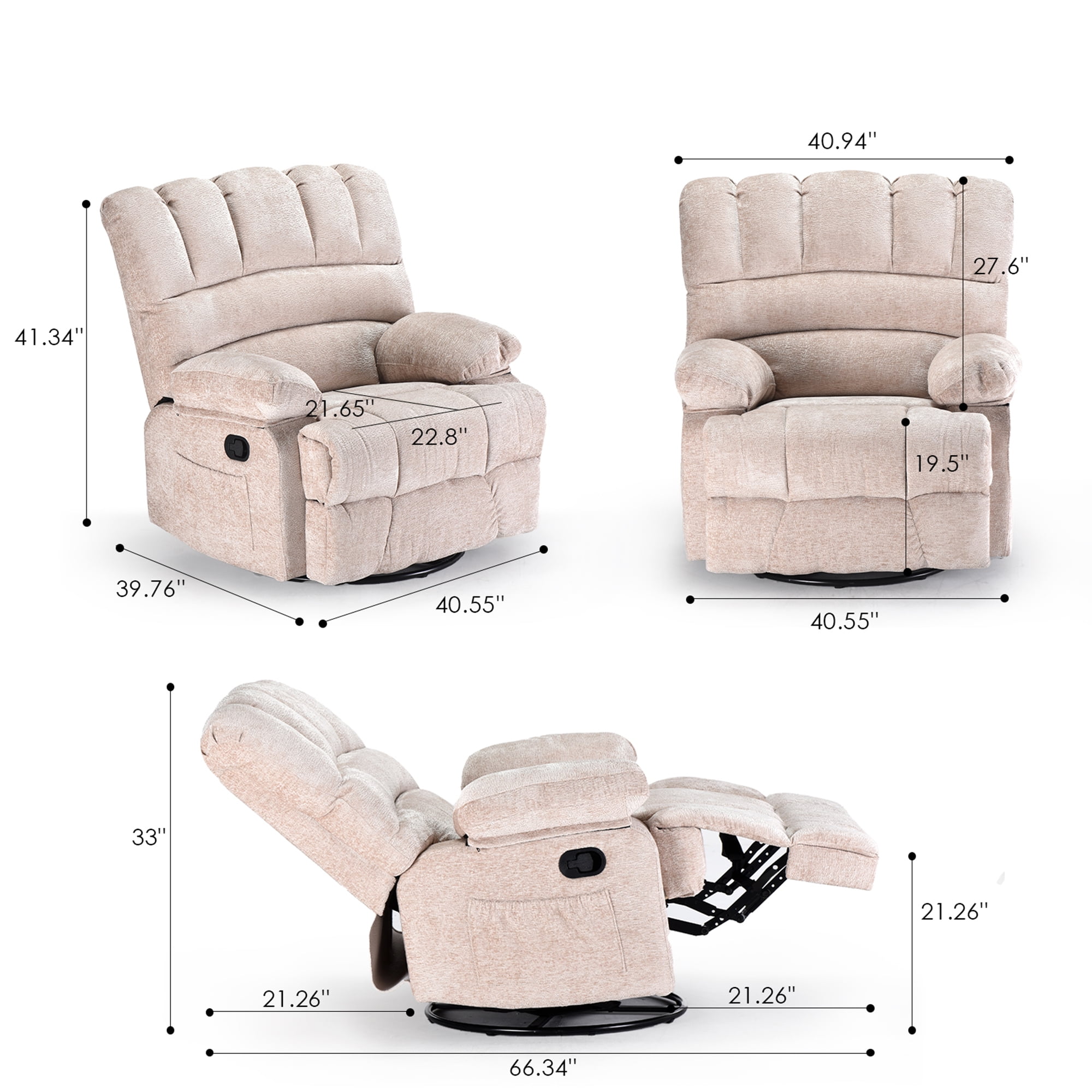 MAYEERTY Beige Oversized Swivel Rocker Recliner Sofa for Adults, Chenille, Perfect for Living Room