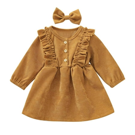 

Toddler Baby Kids Girls Solid Ruffle Botton Dress Princess Dress +Hairband Sets