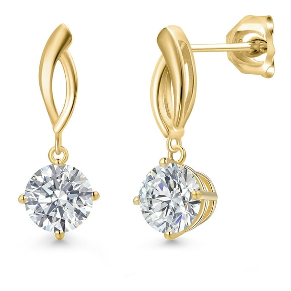 Gem Stone King 2 Cttw IGI Certified Lab Grown Diamond Dangle Earrings for Women in 10K Yellow Gold | 1 Ct each Round Cut | E-F Color | VS1-VS2 Clarity