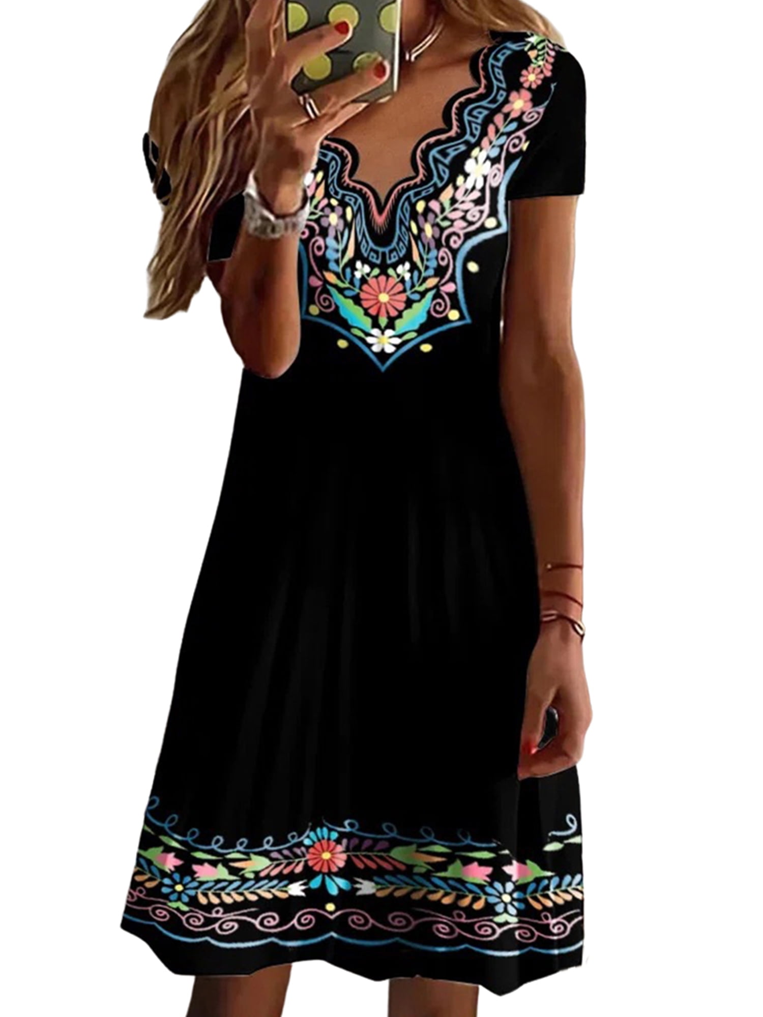 Gvmfive Women Summer Boho Printed T-shirt Dress Short Sleeve Casual ...