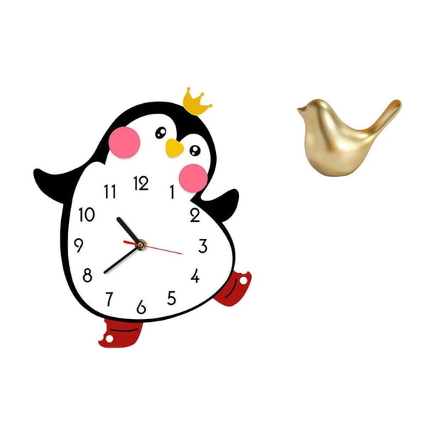 Reloj de pared,Reloj de pared silencioso y decorativo que no hace tictac,Reloj de pared silencioso de pingüino pequeño Reloj de madera,Figura de pájaros,Figura de pájaro dorado,decoración