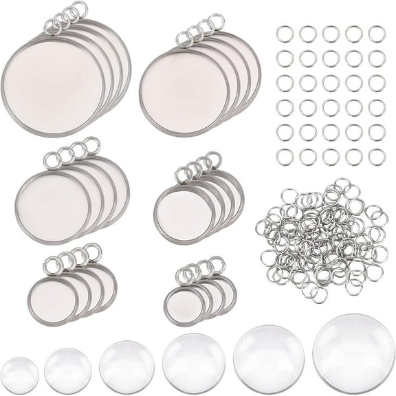 About 60pcs Flat Round Pendant Trays Bezel with Glass Cabochon Pendant Trays Kit Stainless Steel Bezel Trays with Jump Rings