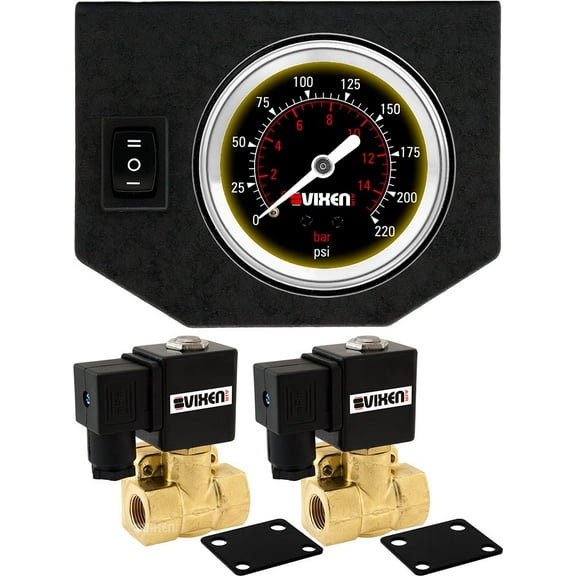 Vixen Air 3/8" NPT Electric Air Valve (Solenoid) 250PSI 12V (2-Pack) with 1 Single Needle Gauge/1 Switch Dash Panel Kit Black VXF0G4038B