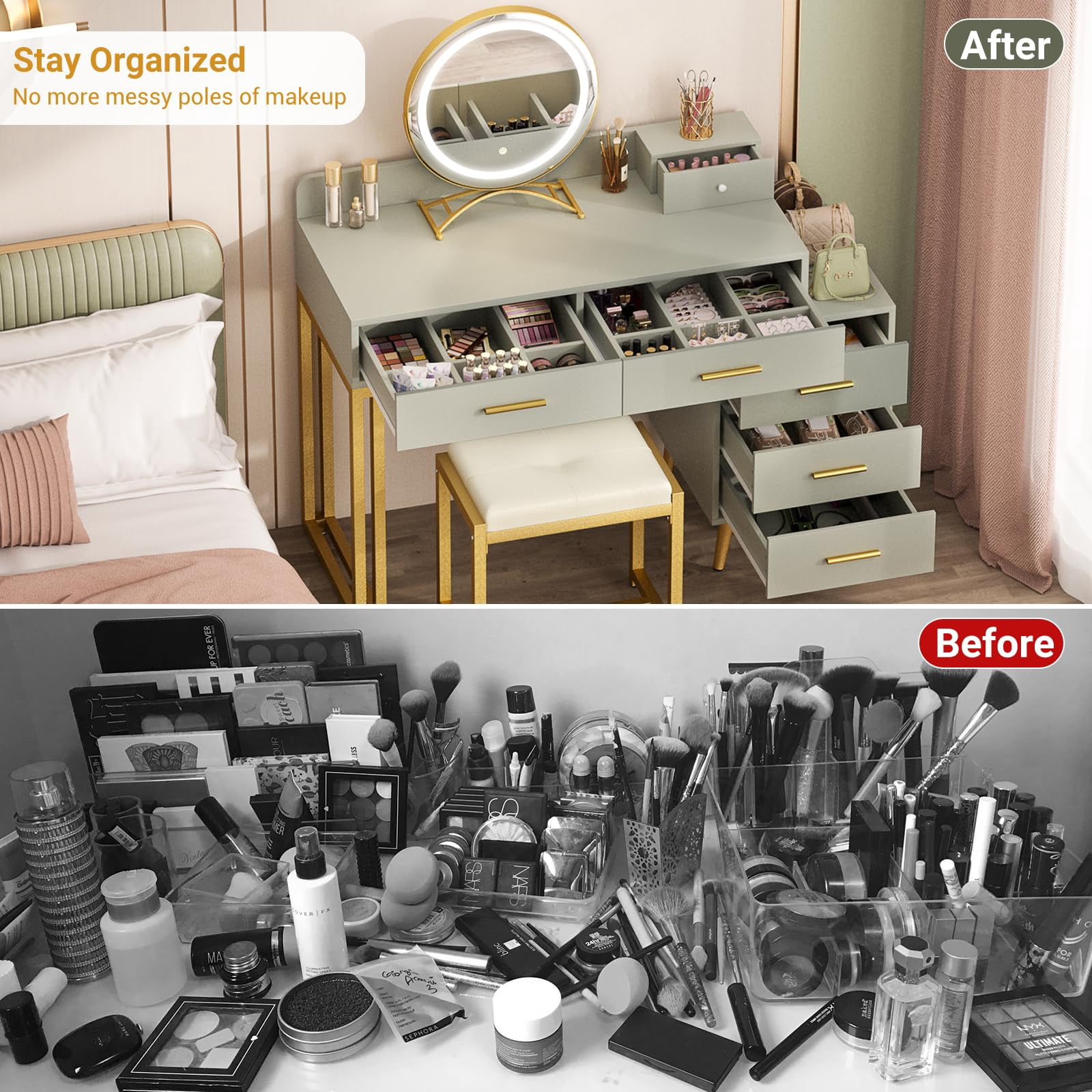 Homieasy Vanity Desk with Mirror and Lights, Modern Makeup Vanity Table Set with 6 Storage Drawers and Cushioned Stool for Bedroom, Dressing Table with Divided Organizers for Women, Cyan