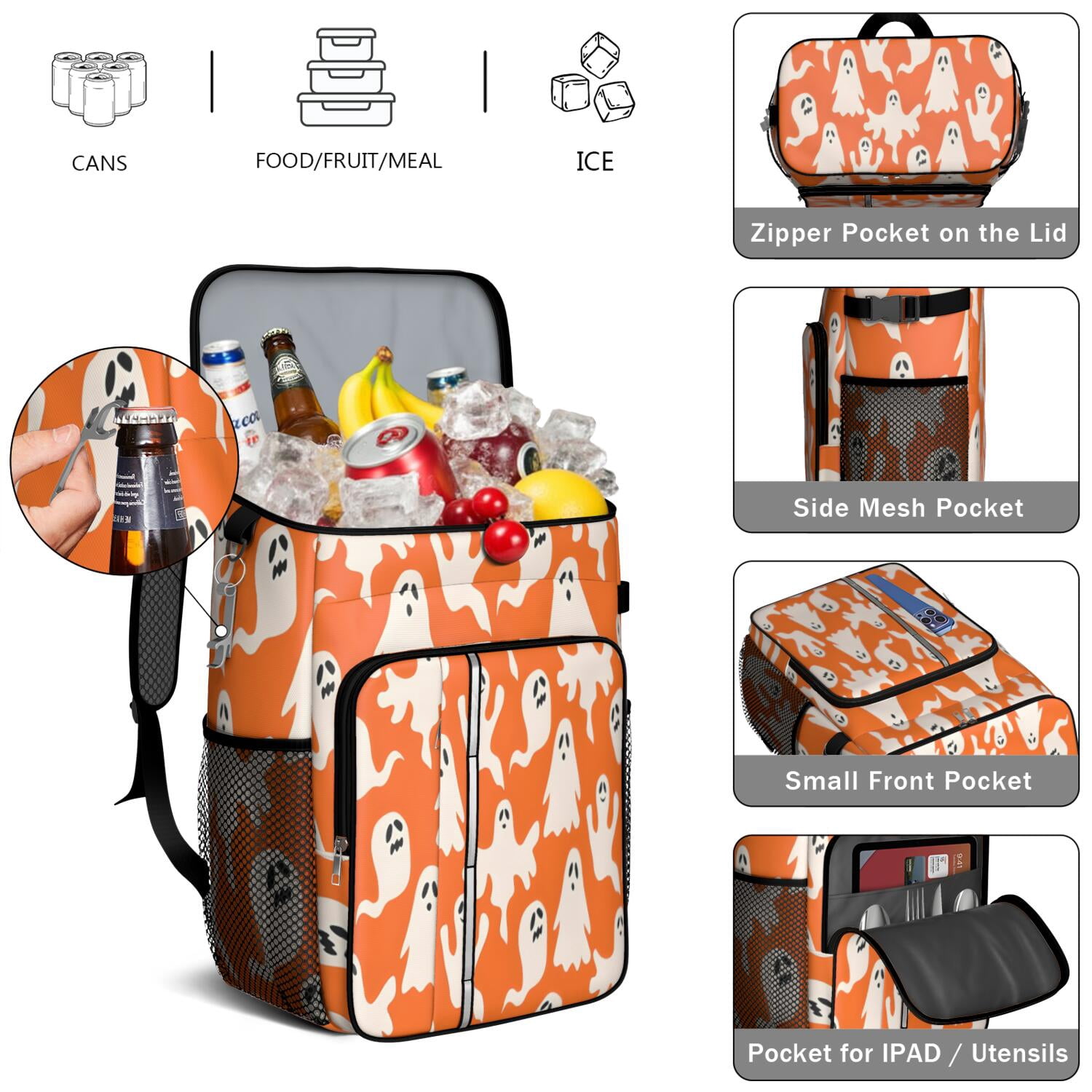 Travel Cooler Bag - Orange Halloween Ghosts Camping Beer Cooler Backpack with Bottle Opener- Waterproof Insulated Picnic Backpacks - Cooler Bag for Beach