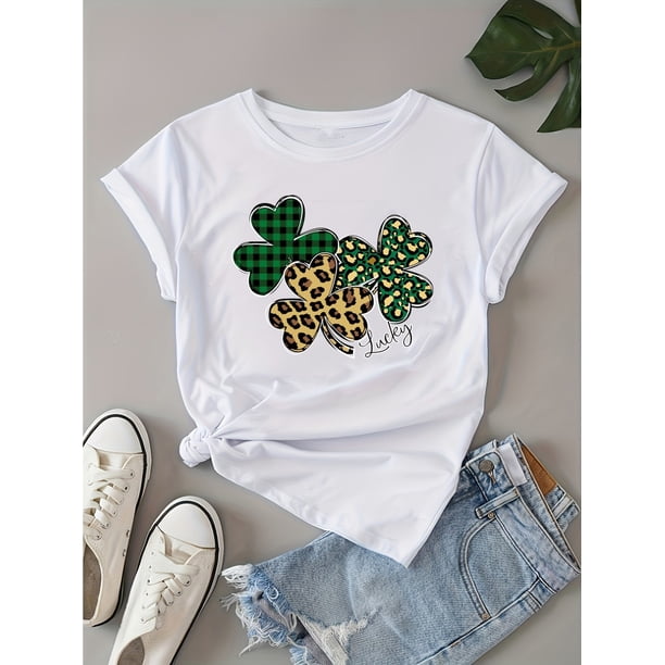 Women's Casual Four-Leaf Clover Print T-Shirt - Soft Cotton, Machine Washable, Round Neck, Non-Transparent with Leopard & Plaid Design - Perfect for All Seasons, Ladies T Shirts
