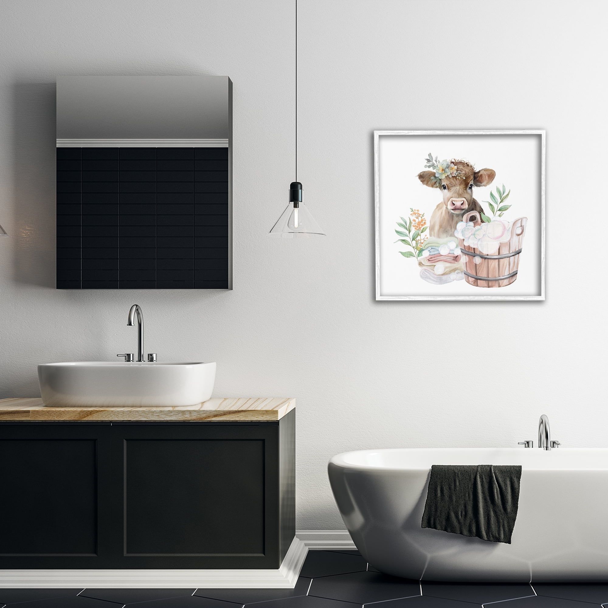 Laundry Day Baby Cow White Framed Giclee Art, design by Kim Allen