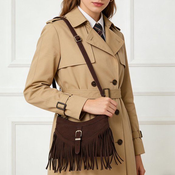Toyvian Boho Adjustable Coffee Fringe Shoulder Bag with Woven Texture for Casual Outfits