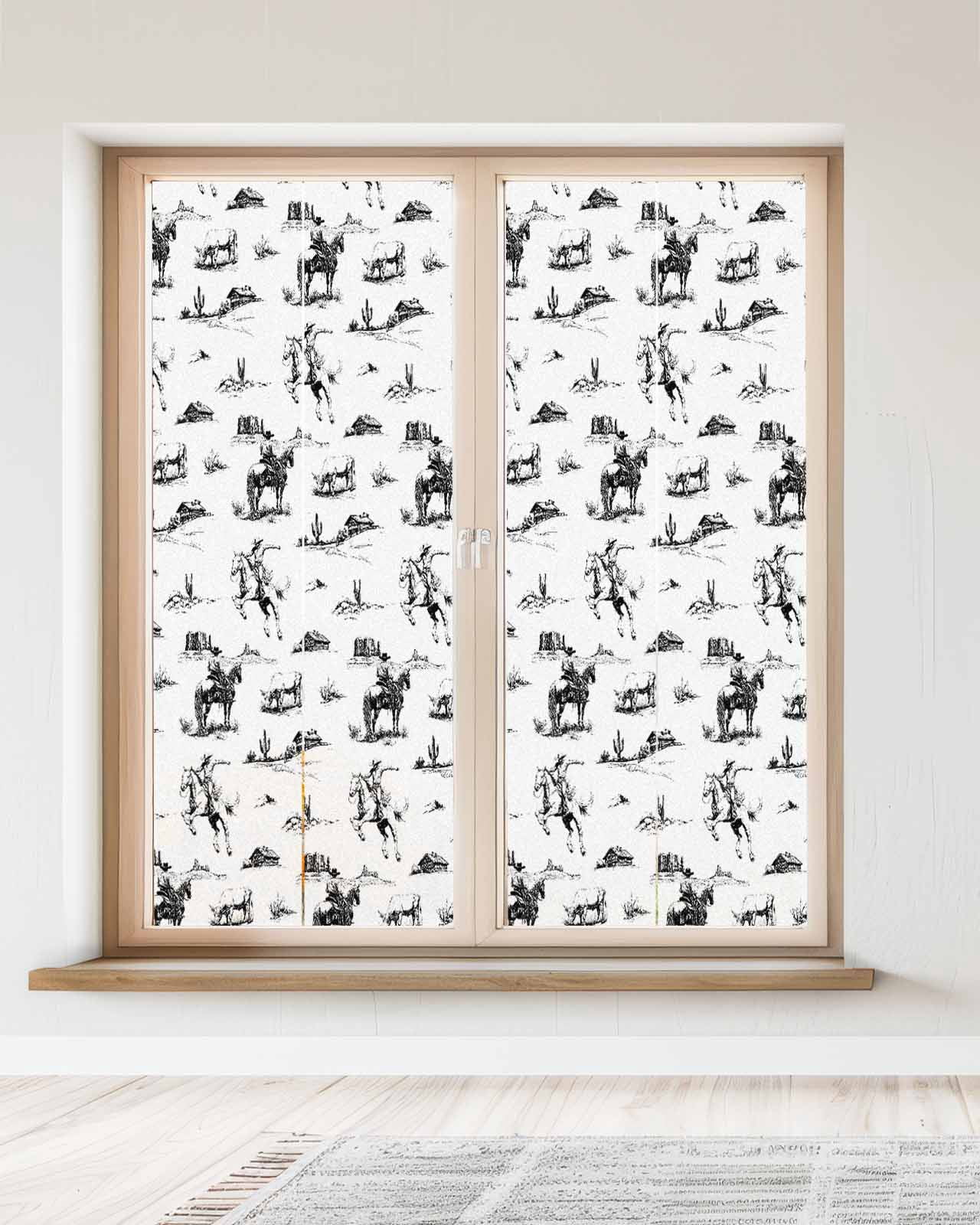 Window Privacy Film Black Western Cowboy Stained Glass Window Film Decorative Sun Block Window Cover Vintage Horse Cactus Ethnic Art Window Clings Static Adhesive Sticker for Bathroom 23.6"x59"