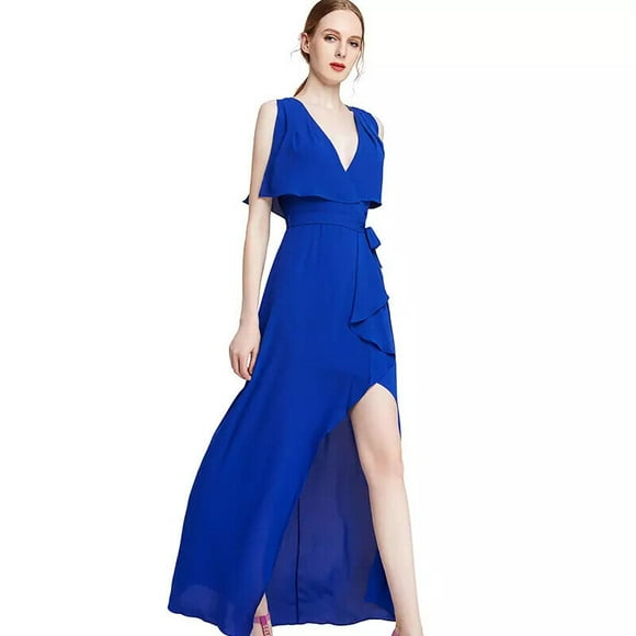 BCBGMAXAZRIA Women's Faux-Wrap Maxi sleeveless belted Dress $387 size 10 blue