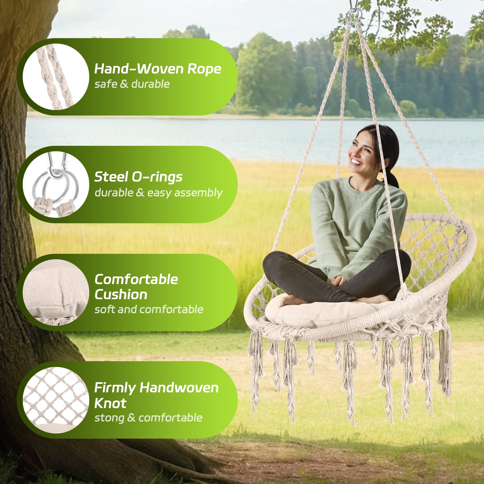 Macrame Hammock Chair Rope Swing, Hanging Cotton Kits - Hand-Woven Rope, Steel Spreader Bar Anti-Slip Rings, Cream White, Firmly Woven, Easy Assembly, Soft, for Porch Patio