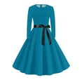 thumbnail image 5 of Women's Midi Dress Long Sleeve Crew Neck Solid Color Vintage Casual Belted Waist Dress for Spring Fall Everyday Wear,Sky Blue,M, 5 of 6