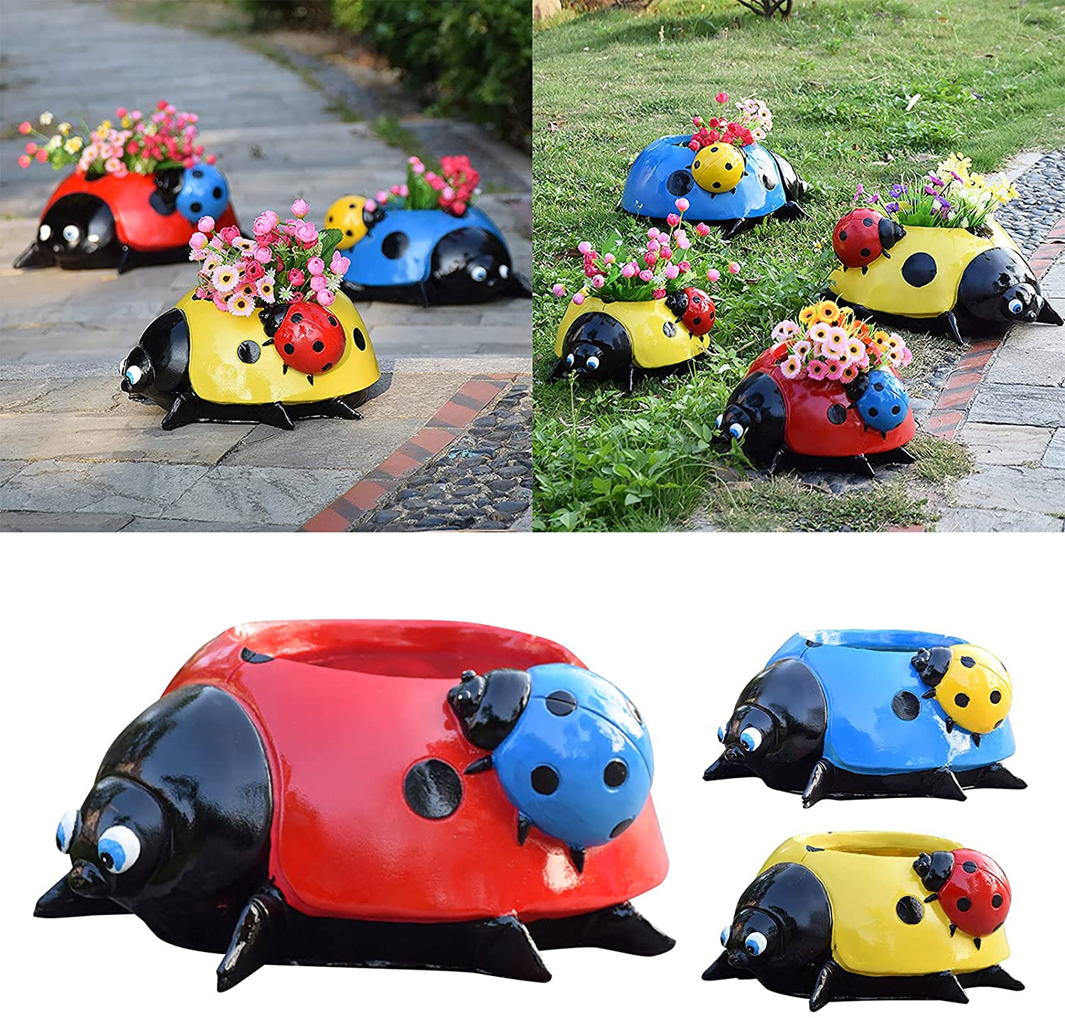 Resin Ladybugs Flower Pot Garden Decorations, Simulation Animal Ladybugs Flower Pot,Outdoor and Garden Decor Patio Yard Planter Flower Pot Indoor or Outdoor Decorations (Yellow) - image 2 of 7