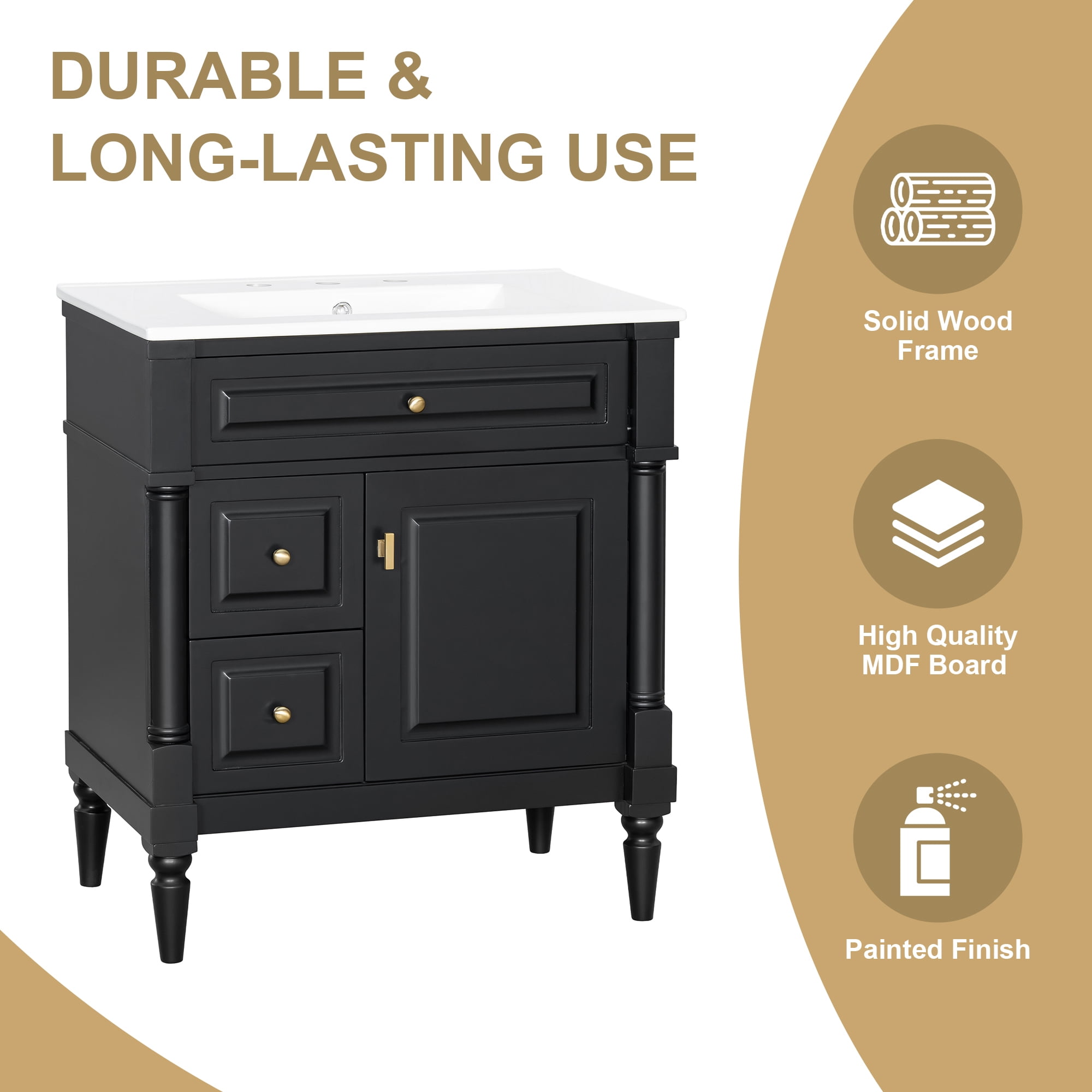 Alvantor 30" Bathroom Vanity with Ceramic Sink, Freestanding Storage Cabinet with Flip Drawers Black