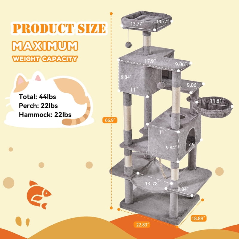 Kelno 66" Cat Tree Tower Durable Cat Climbing Tower with Sisal Scratching Posts Cozy Condo Hammock and Platforms, Light Gray