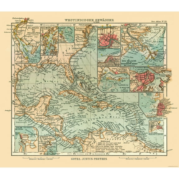 Historic Map - West Indies - Perthes 1914 - Vintage Wall Art