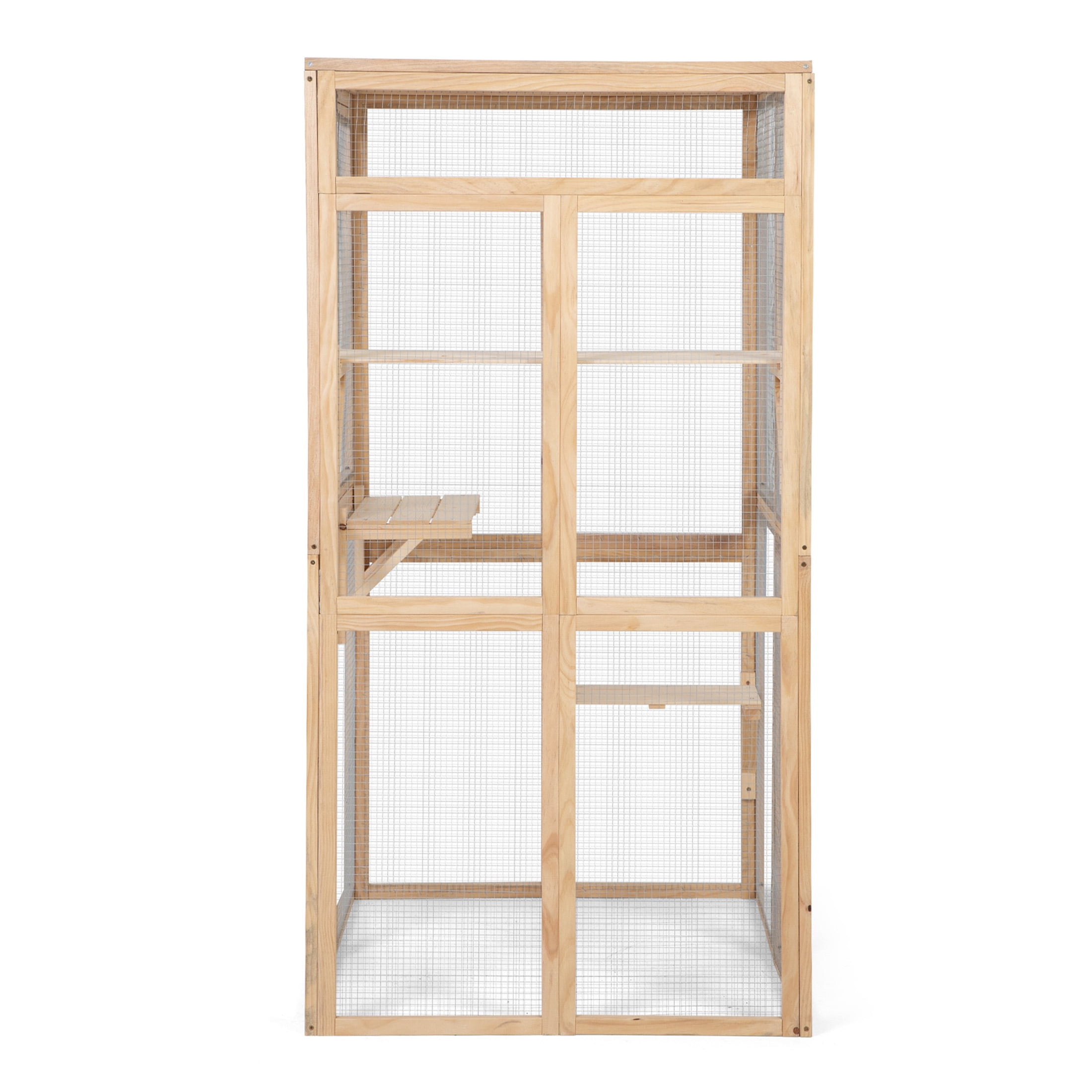 JERFIT Large Outdoor Wooden Catio Enclosure with Sunroof, Platforms & Hammock for Indoor Outdoor Cats, Weatherproof Cat House Cage Condo in Burly Wood