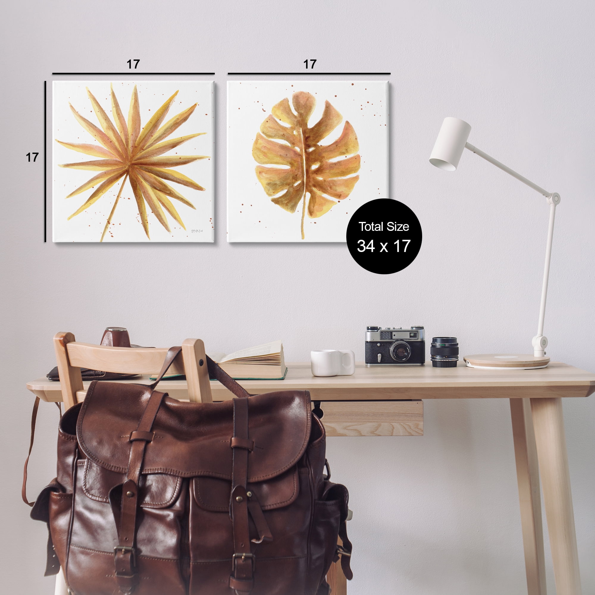 Stupell Industries Golden Palm Monstera Leaves Plants & Flowers Painting Wrapped Canvas Art Print Wall Art, 17 x 17, Set of 2