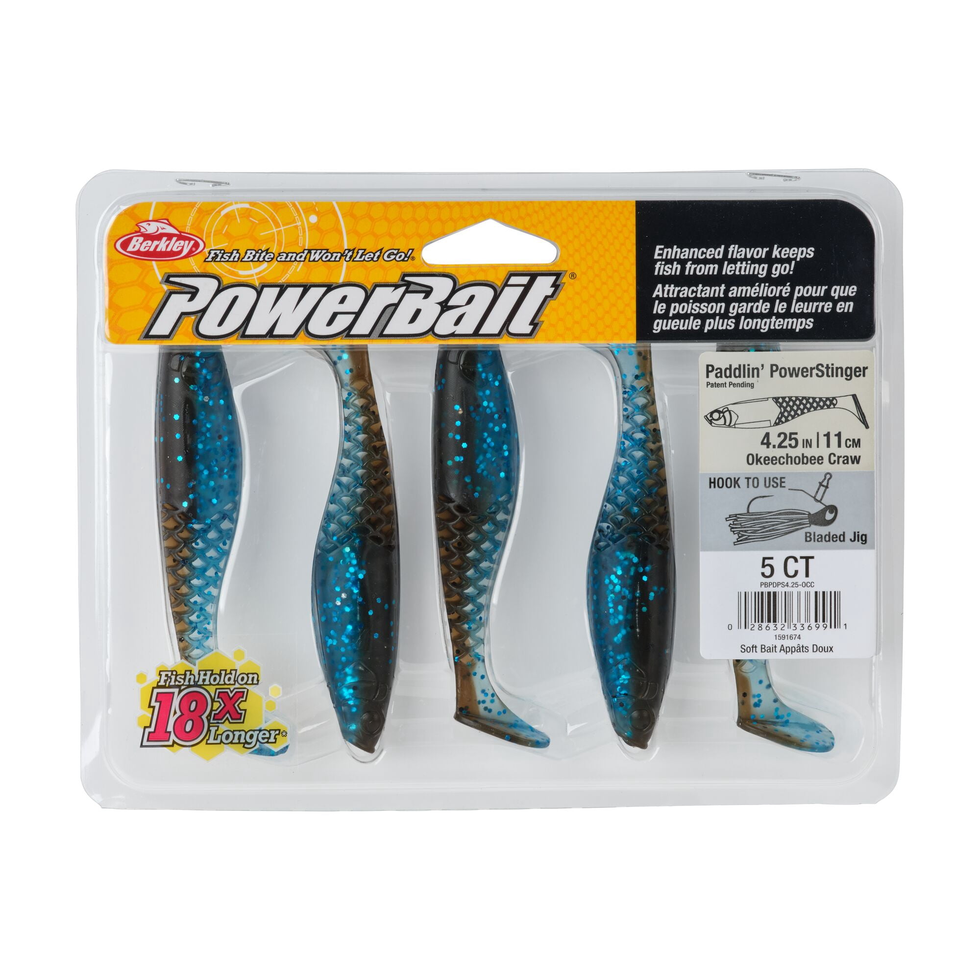 Berkley PowerBait® Paddlin' PowerStinger, 4.25 in, Swimbaits - Paddle Tail, Okeechobee Craw (5 Count)