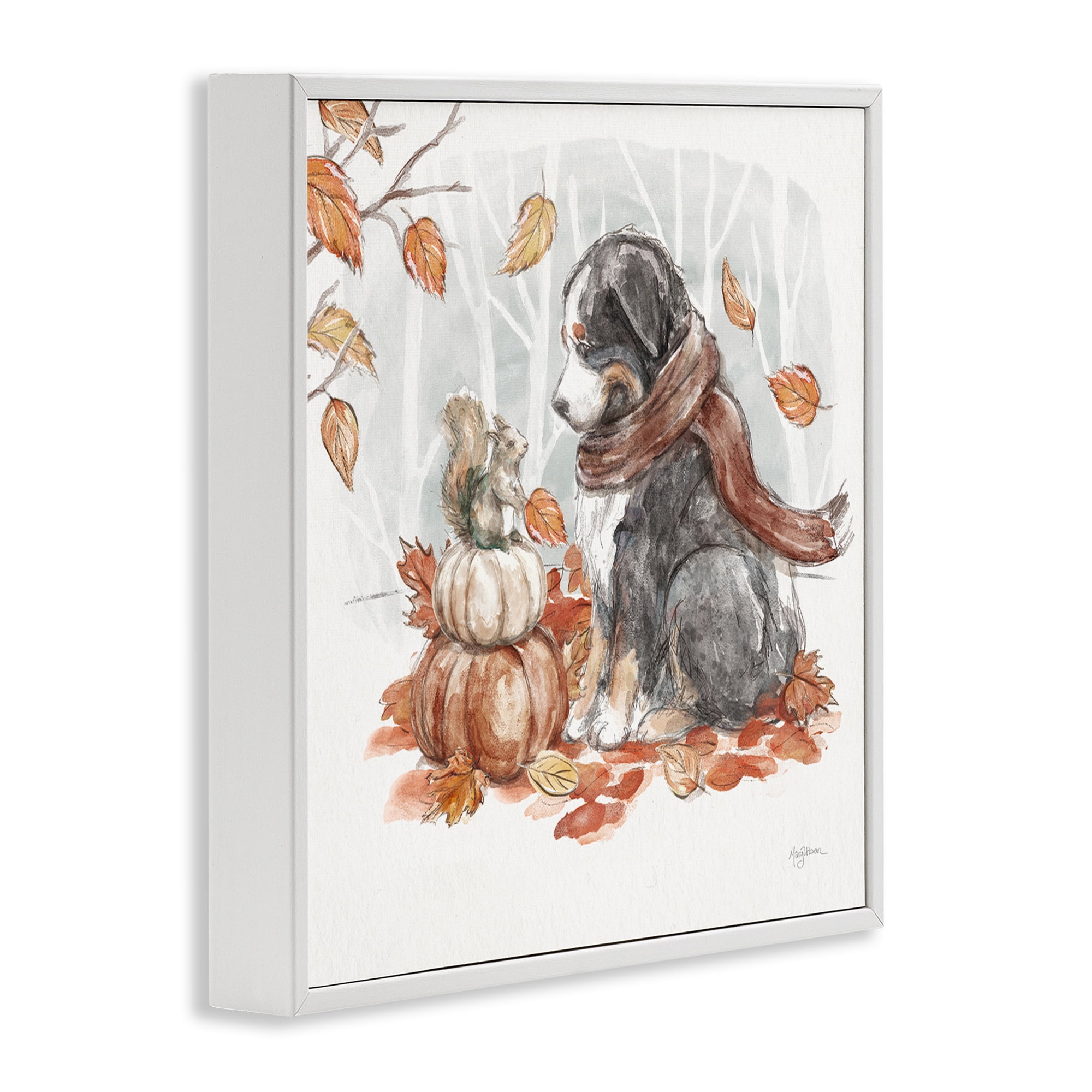 Stupell Industries Dog & Fall Pumpkins Holiday Painting White Framed Art Prints Wall Art, 12 x 12