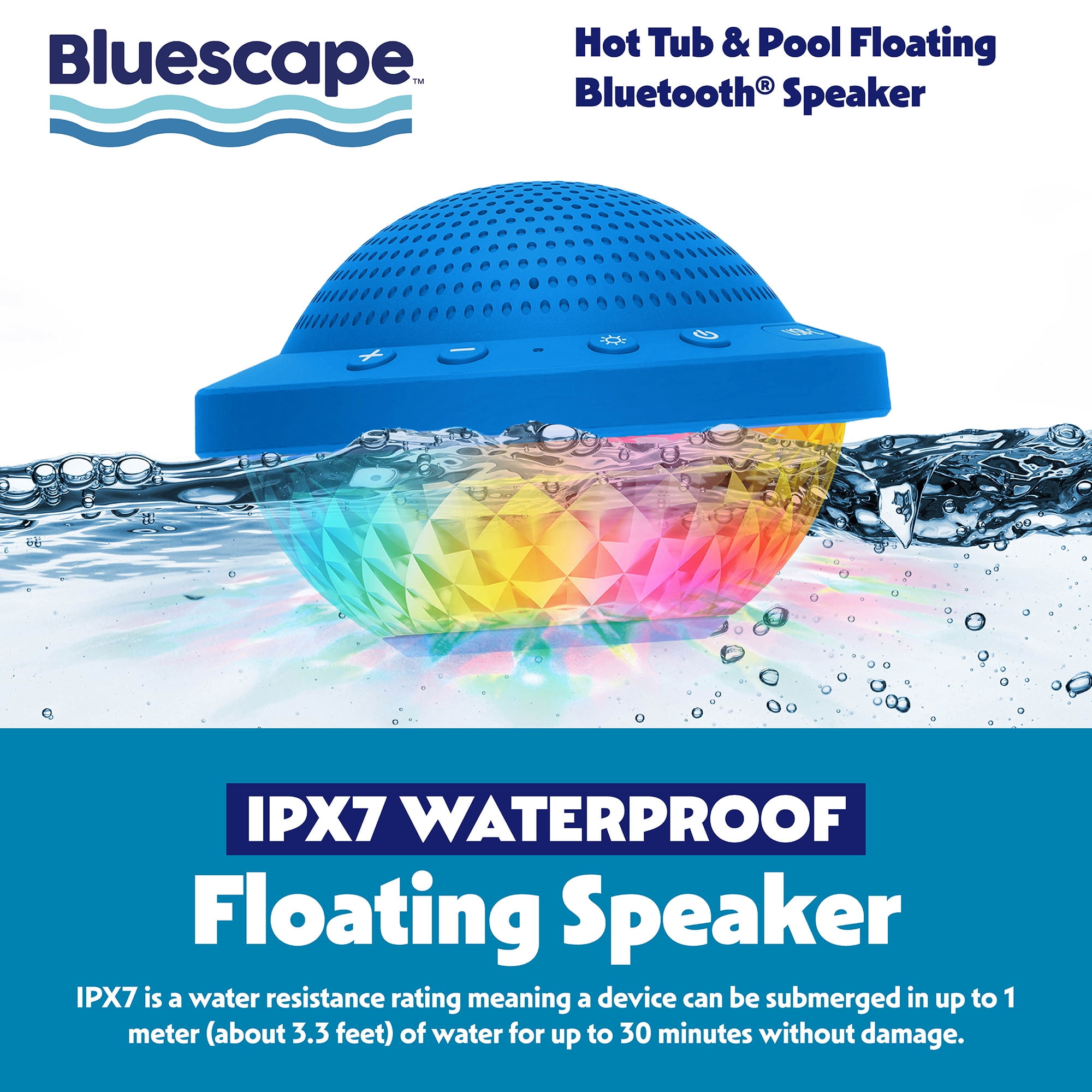 Bluescape Floating Bluetooth Speaker – IPX7 Waterproof, LED Light Show, FM Radio, 6-Hr Playtime, True Wireless Stereo, for Hot Tubs, Pools & Beach