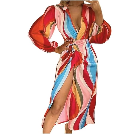QUYUON Women s Dresses for Wedding Guest Clearance Summer Print Long Sleeve Lace-Up Slit Dress Lapel Dress Beach Dress Long Sleeve Wedding Guest Dresses Women Lapel Mid-Length T-Shirt Dress Style Z265