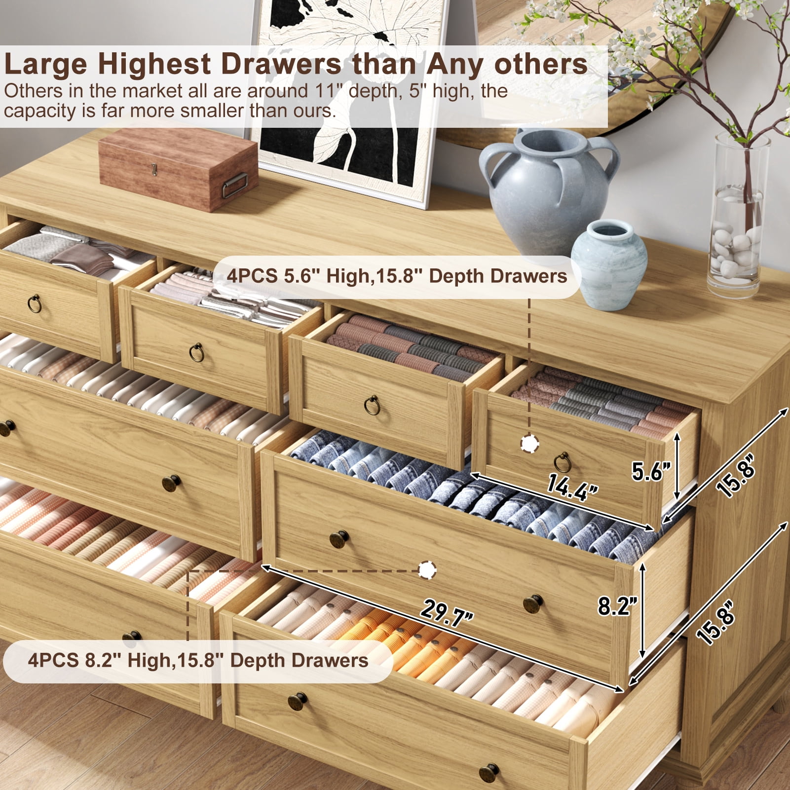 ChVans 65 inch Large Long Drawer Dresser， 8 Drawer Dresser for Bedroom, Modern Farmhouse Wood Wide Chest of Drawers, Storage Dressers for Bedroom, Living Room & Hallway