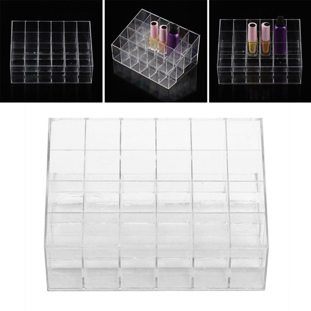 organizador de labial transparente anggrek soporte de exhibición 24 rejillas trapezoidal de plástico, 24 casillas visibles (cada una aprox. 2.3x2.3 cm), dimensiones 14.7x9.5x7.5 cm; frente transparente para mostrar productos y también útil como organizador de cosméticos pequeño para esmaltes o lápices.