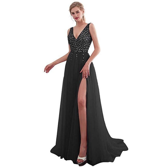 Vestido elegante de mujer con lentejuelas divididas, sexy, escote en V, sin espalda, vestido de noche