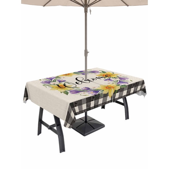 Outdoor Tablecloth with Umbrella Hole for Patio/Picnic/Party/Camping, Spring Flowers Waterproof Table Cloth Rectangle Table Cover Washable, Country Botanical Leaves Garland Retro Plaid (60"x 120")