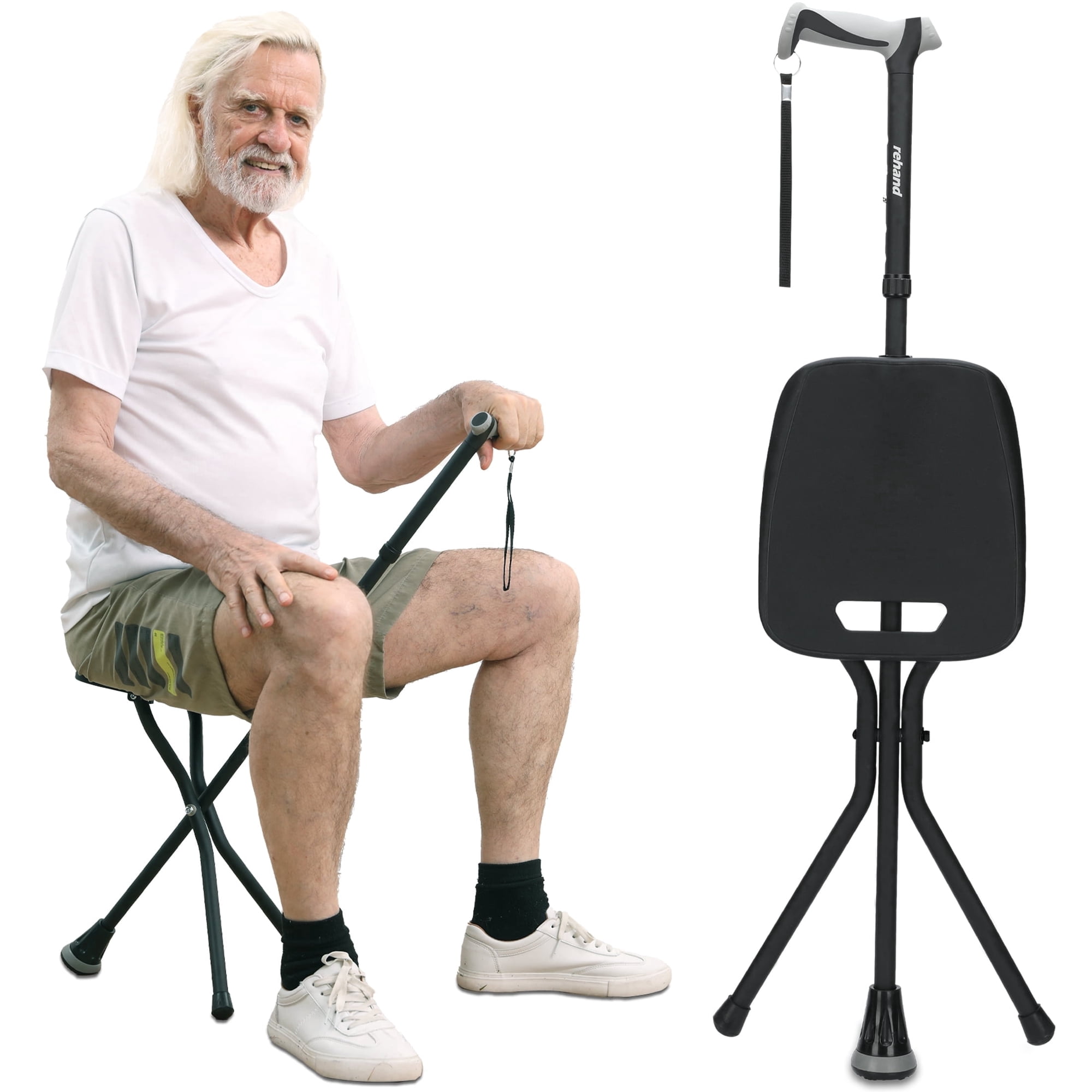 Rehand Walking Cane with Seat, Folding Adjustable Lightweight,Black