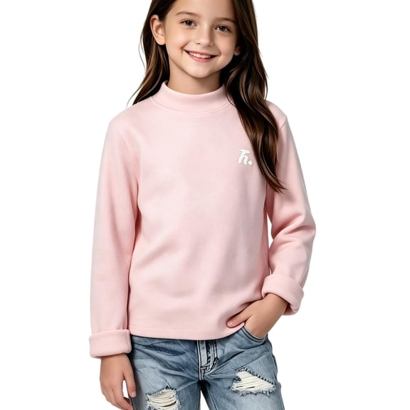 WDWYY Girls Fleece Lined Long Sleeve Top Mock Neck Fall Casual Soft Stretch Pullover Base Top Pink 9-10Y